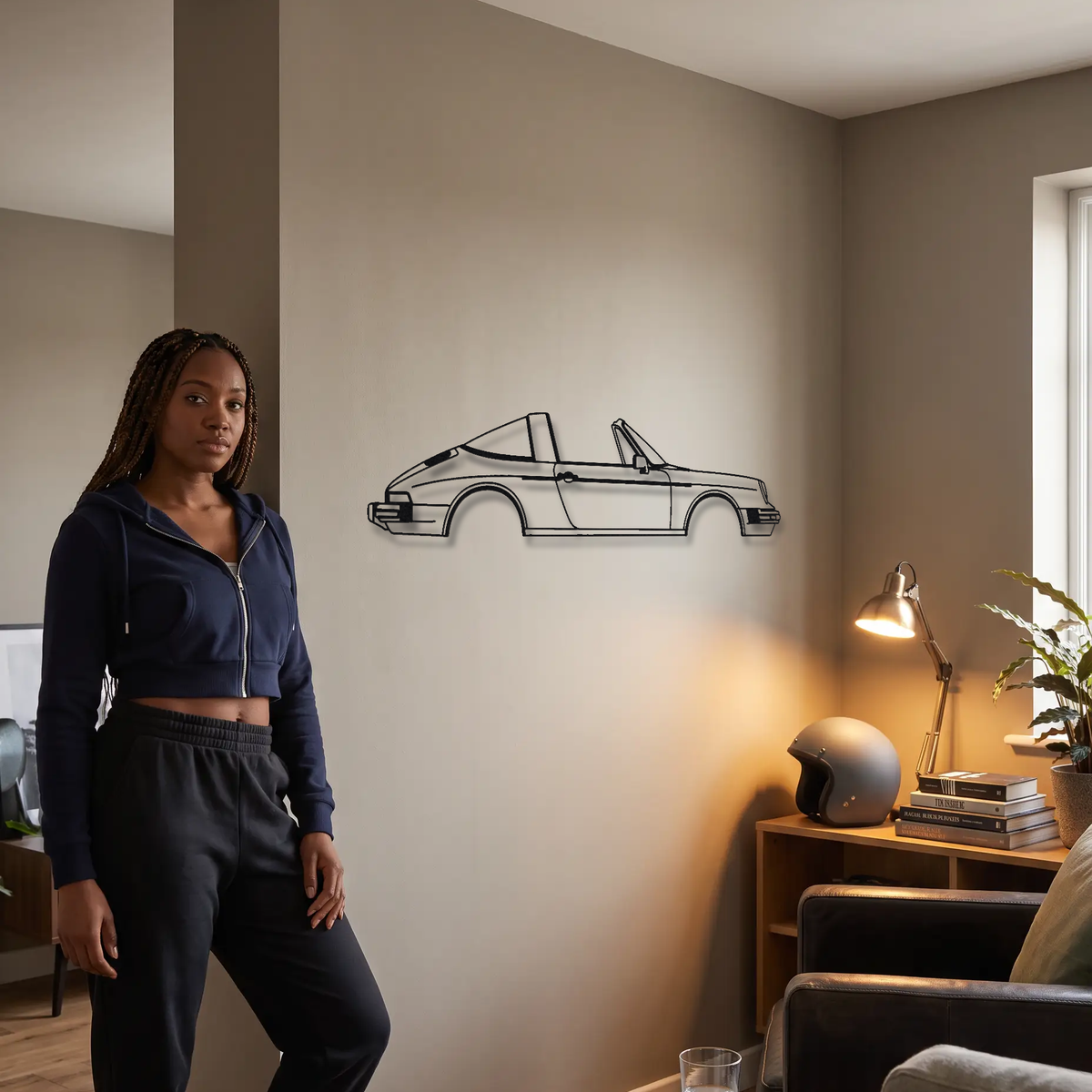 Porsche 911 Carrera 3.2 Targa metal wall art shown to scale beside a person