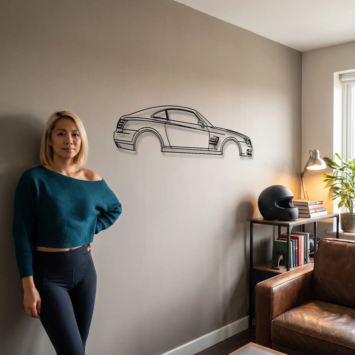 Chrysler Crossfire SRT-6 metal wall art shown to scale beside a person