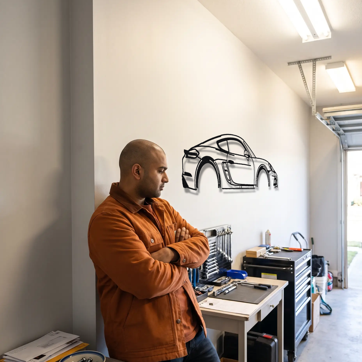 2020- Porsche 718 Cayman GTS 4.0 982 metal wall art shown to scale beside a person