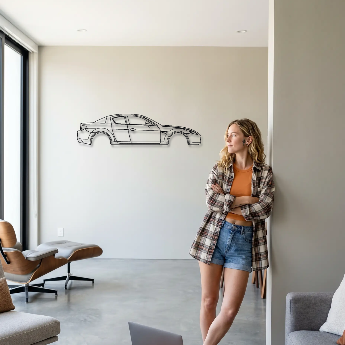 Mazda RX-8 SE3P metal wall art shown to scale beside a person