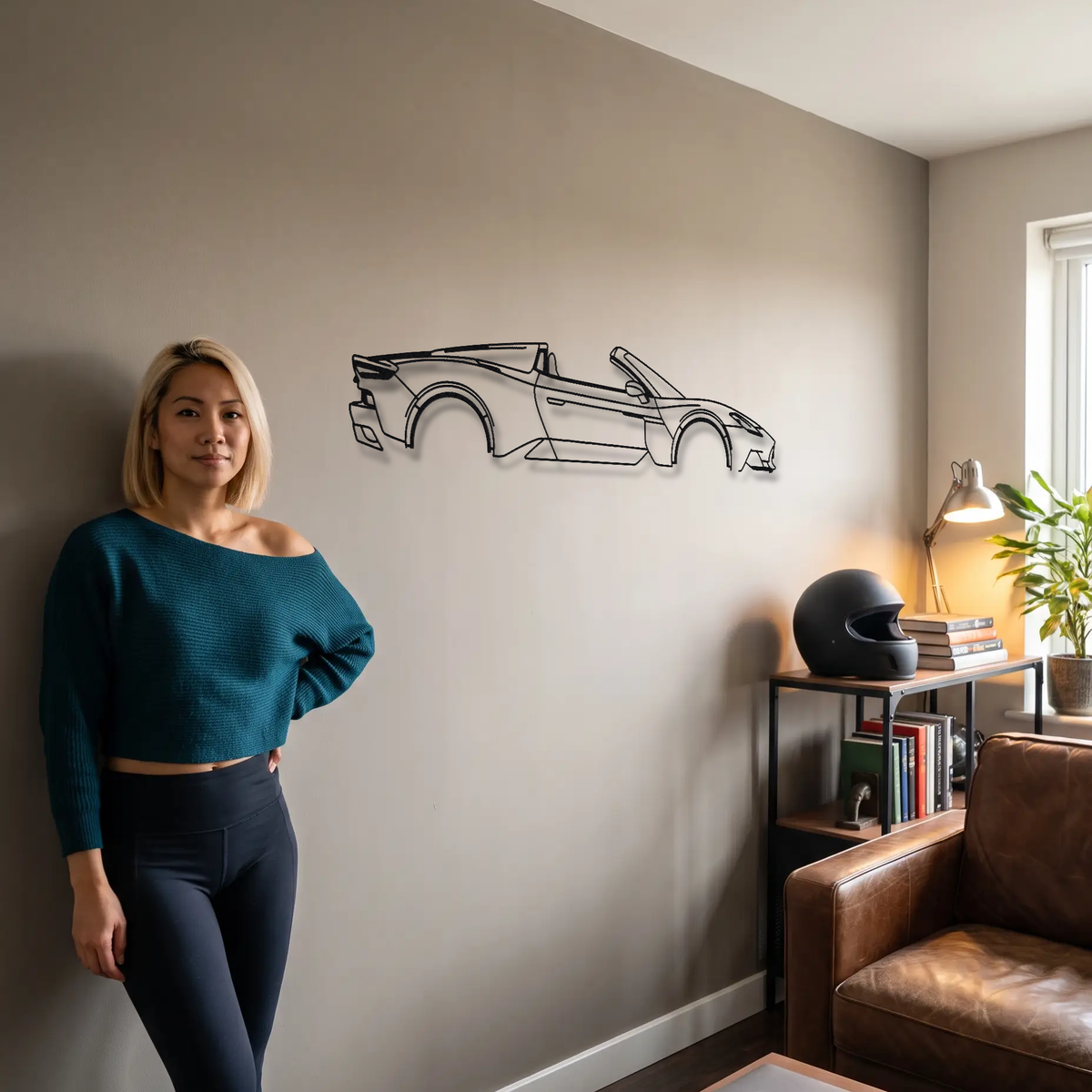 Maserati MCPura Cielo metal wall art shown to scale beside a person