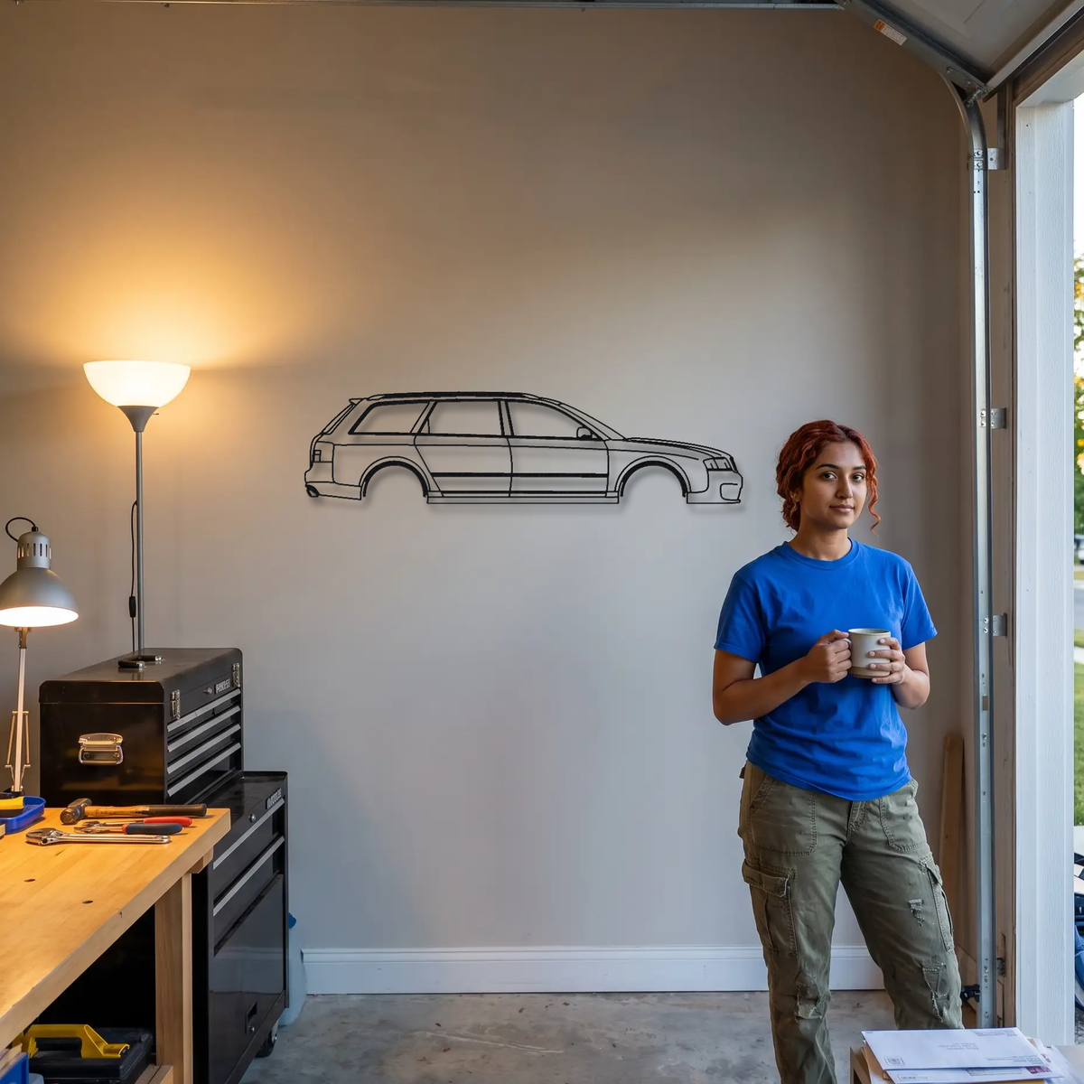 Audi RS6 Avant C5 metal wall art shown to scale beside a person