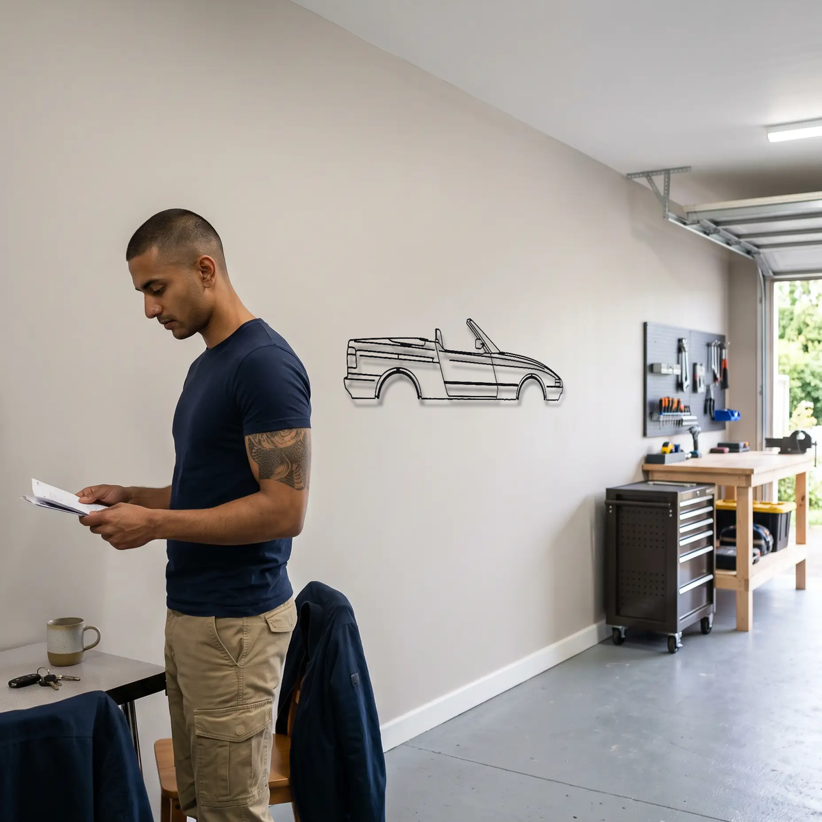 BMW Z1 metal wall art shown to scale beside a person