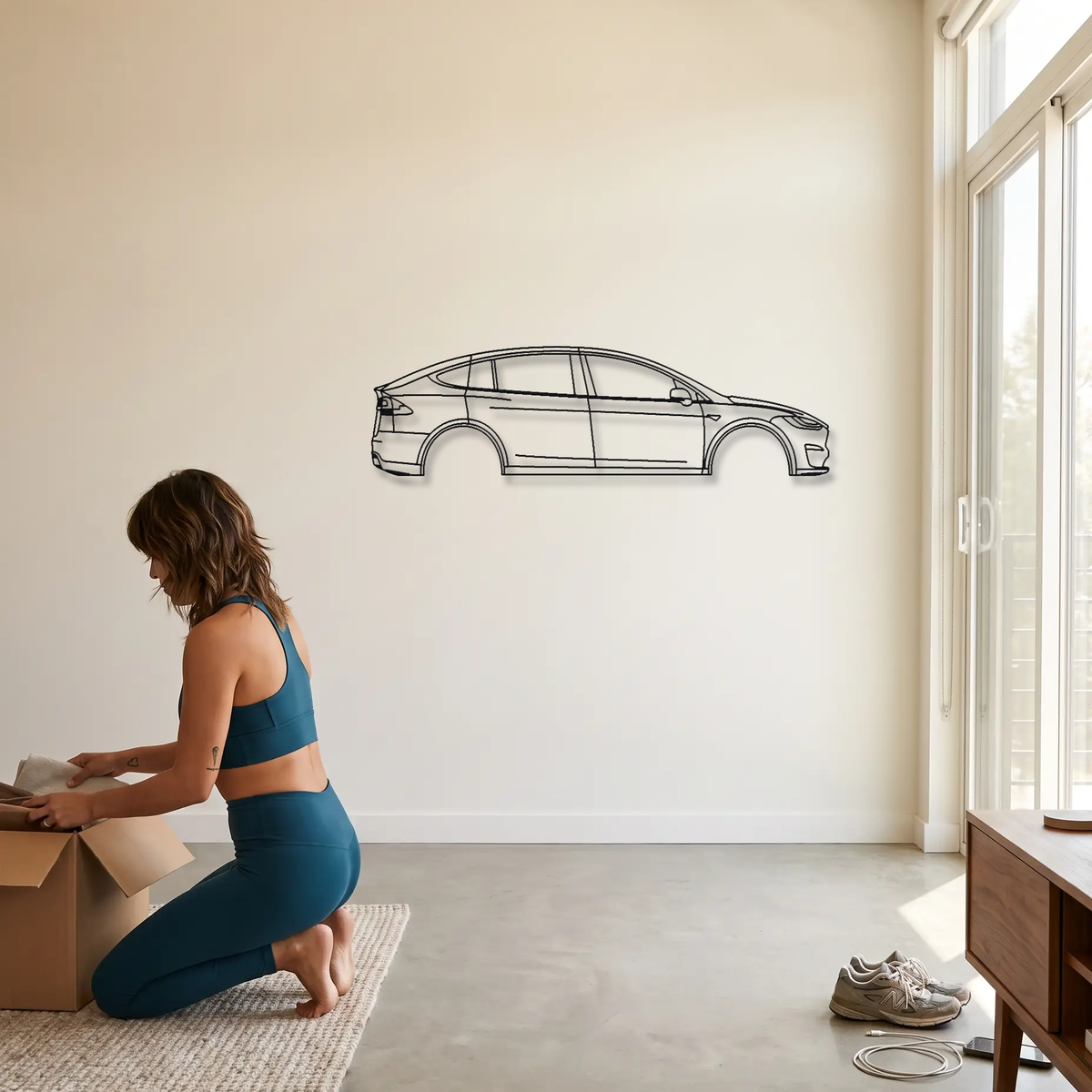 Tesla Model X Plaid metal wall art shown to scale beside a person