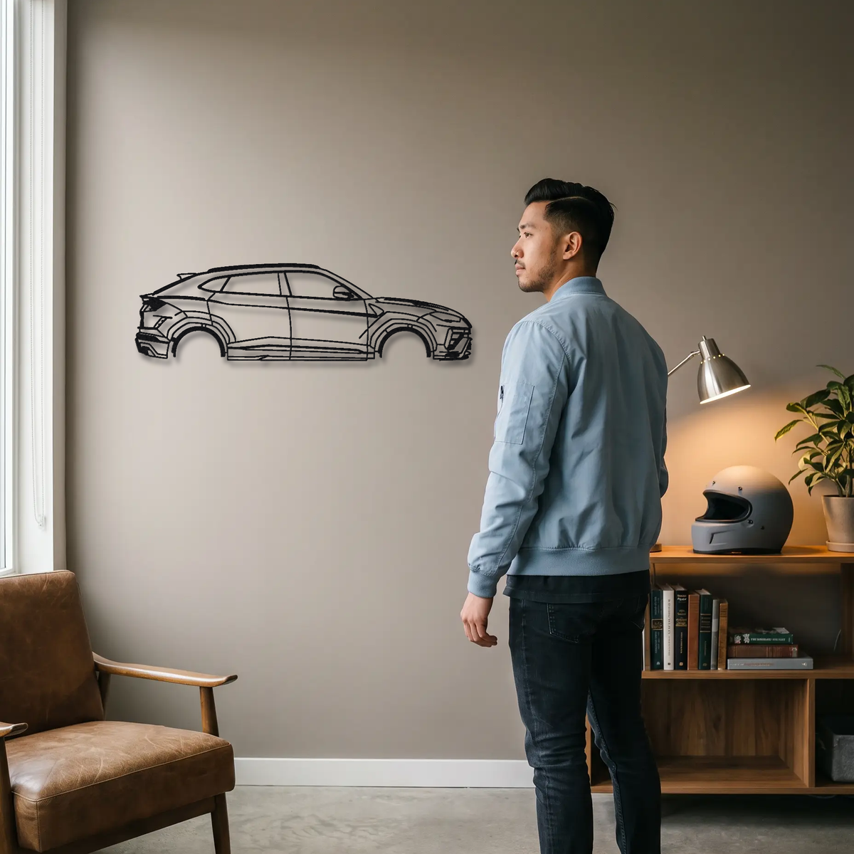 2023- Lamborghini Urus Performante 2nd gen metal wall art shown to scale beside a person