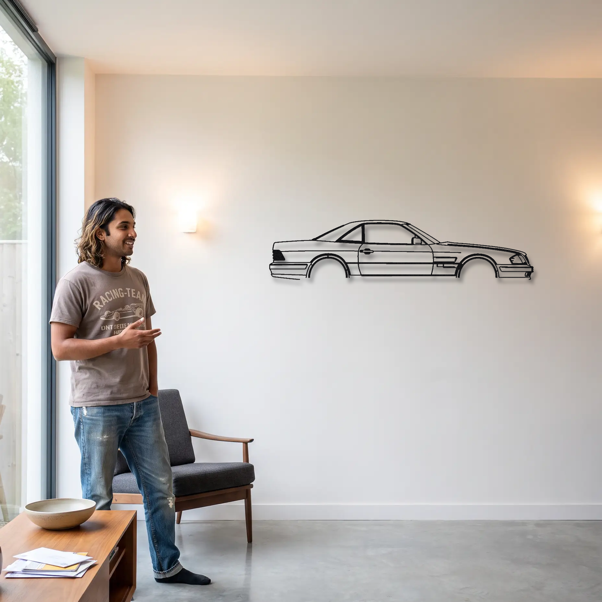 Mercedes-Benz SL 73 AMG R129 metal wall art shown to scale beside a person