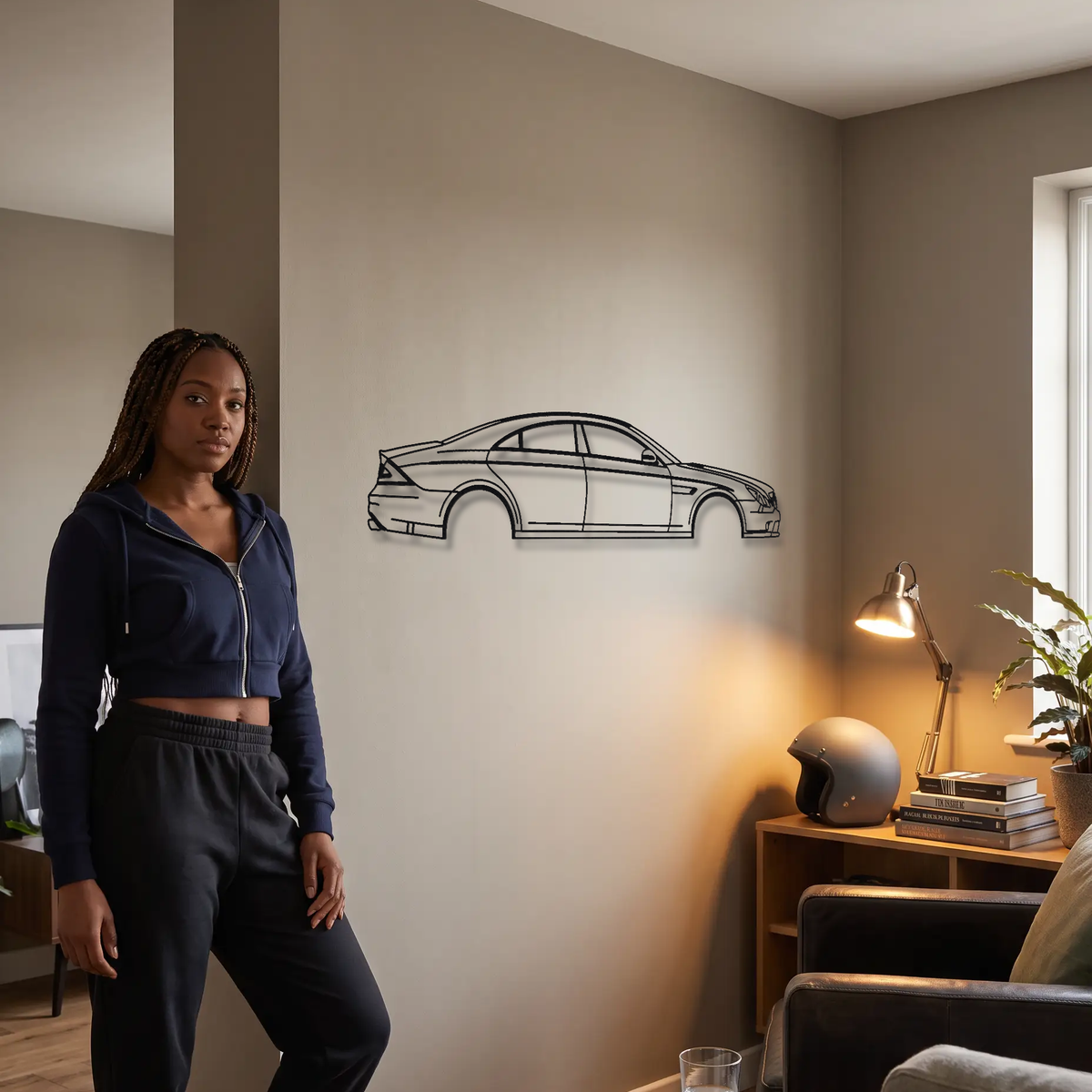 Mercedes-Benz CLS 55 / CLS 63 AMG C219 metal wall art shown to scale beside a person