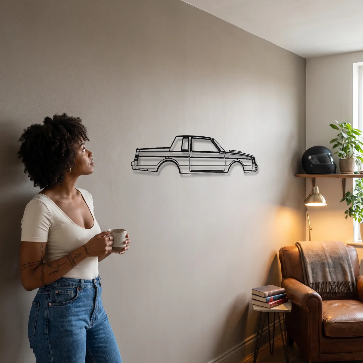 Buick Grand National metal wall art shown to scale beside a person