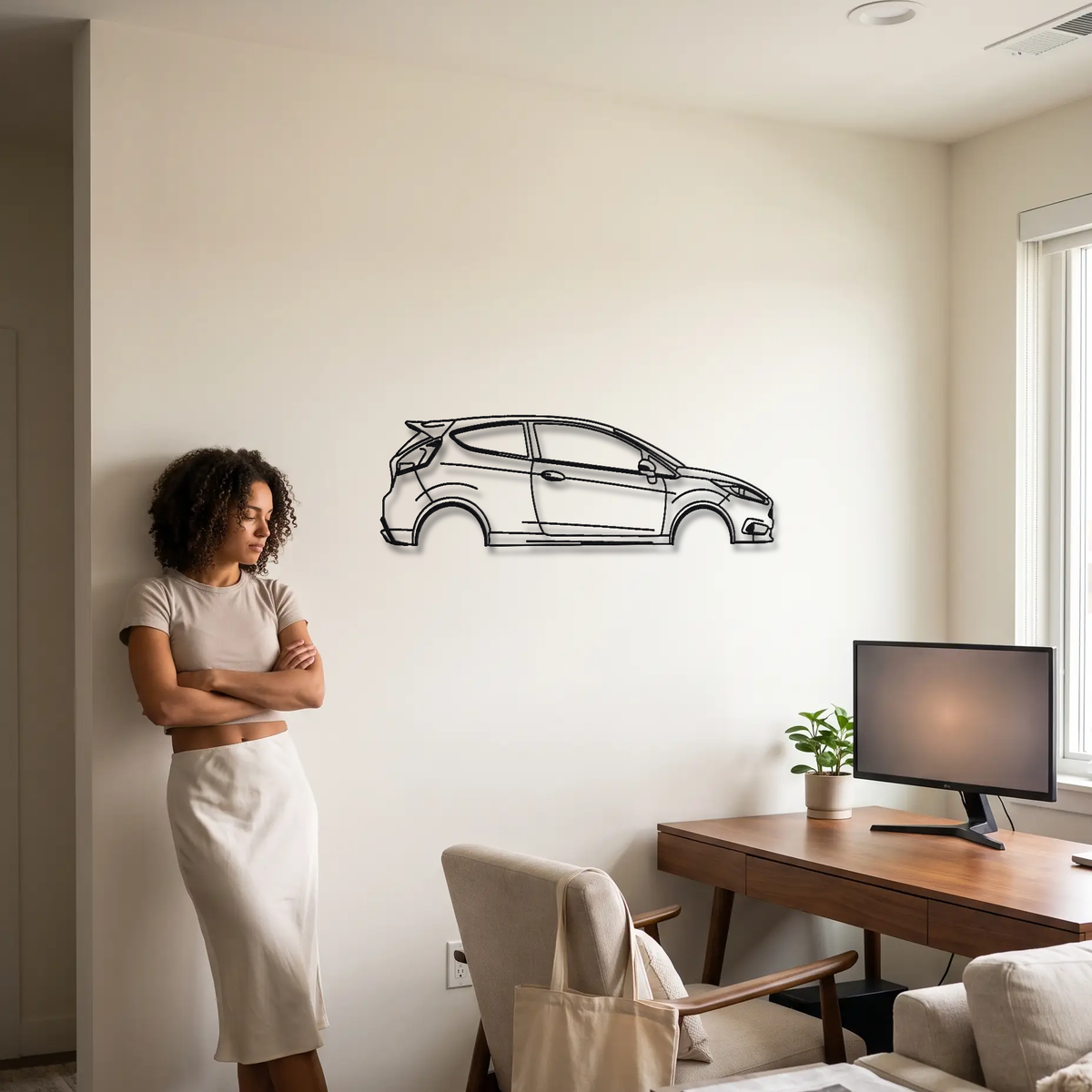 2014-19 Ford Fiesta ST MK7 metal wall art shown to scale beside a person