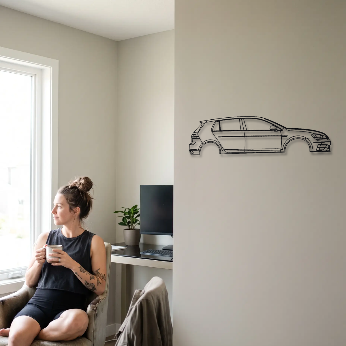 Volkswagen Golf R MK7 metal wall art shown to scale beside a person
