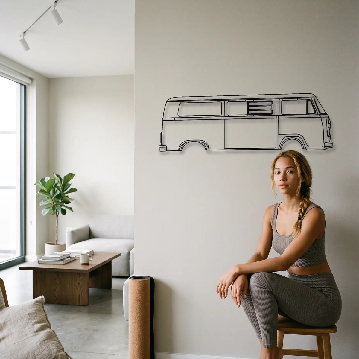 Volkswagen Type 2 Bus T2 metal wall art shown to scale beside a person