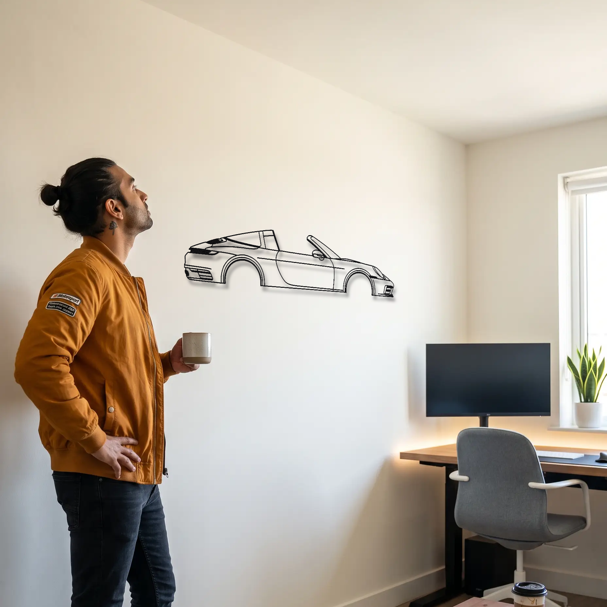 Porsche 911 Targa 4S 992 metal wall art shown to scale beside a person