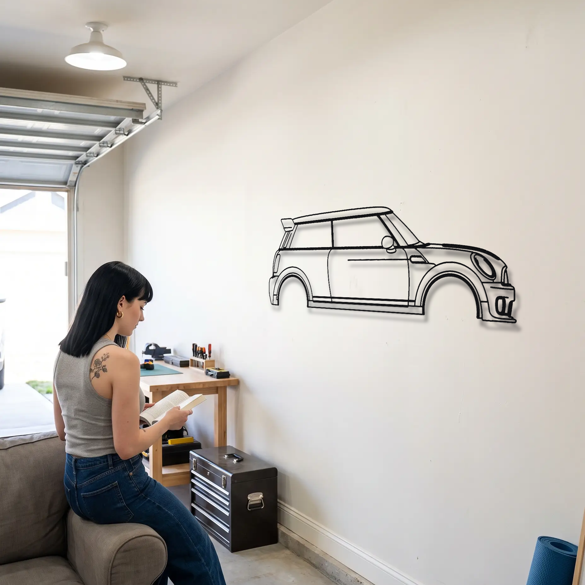 Mini John Cooper Works GP R56 metal wall art shown to scale beside a person