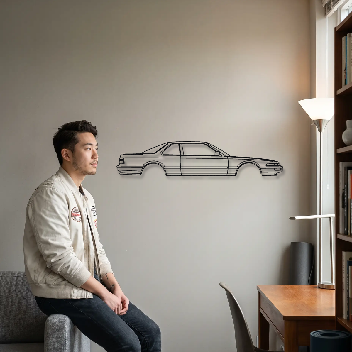 Honda Prelude Gen 2 metal wall art shown to scale beside a person