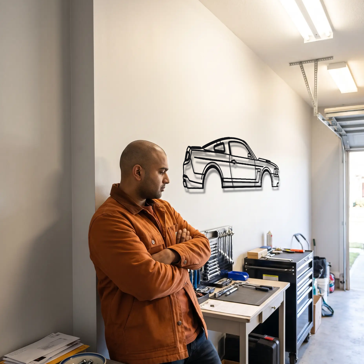 2012-13 Ford Mustang Boss 302 Laguna Seca S197 metal wall art shown to scale beside a person