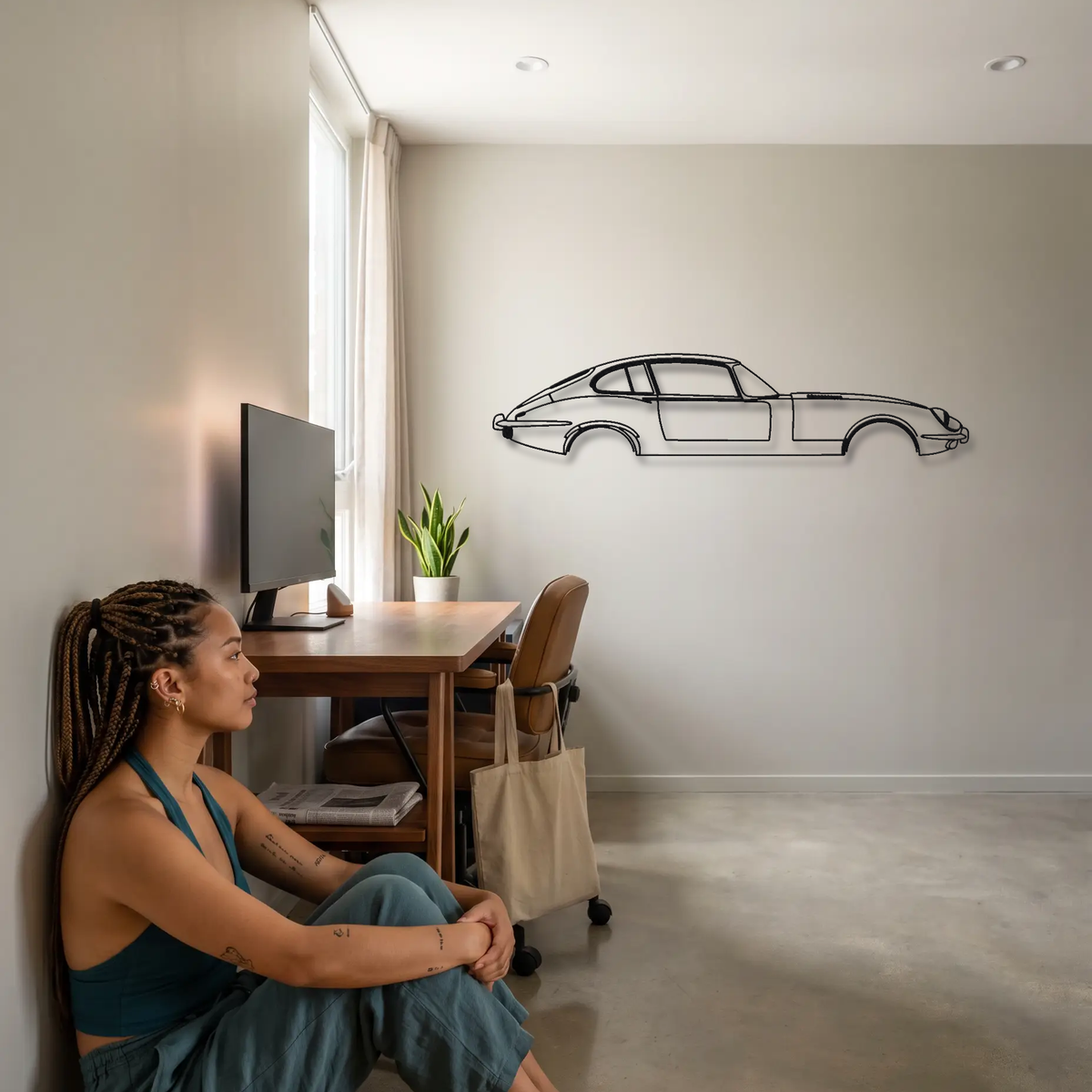Jaguar E-Type Series 3 2+2 metal wall art shown to scale beside a person