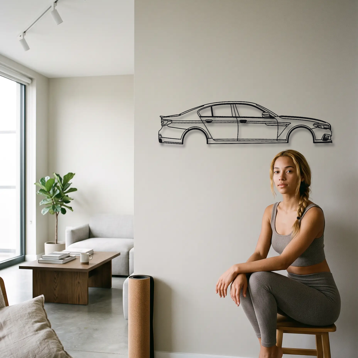 Alpina B5 GT G30 metal wall art shown to scale beside a person