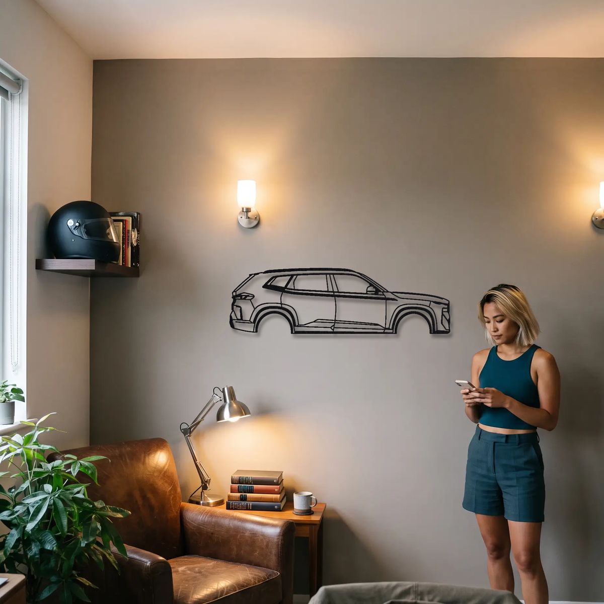 2024- BMW XM Label Red G09 metal wall art shown to scale beside a person