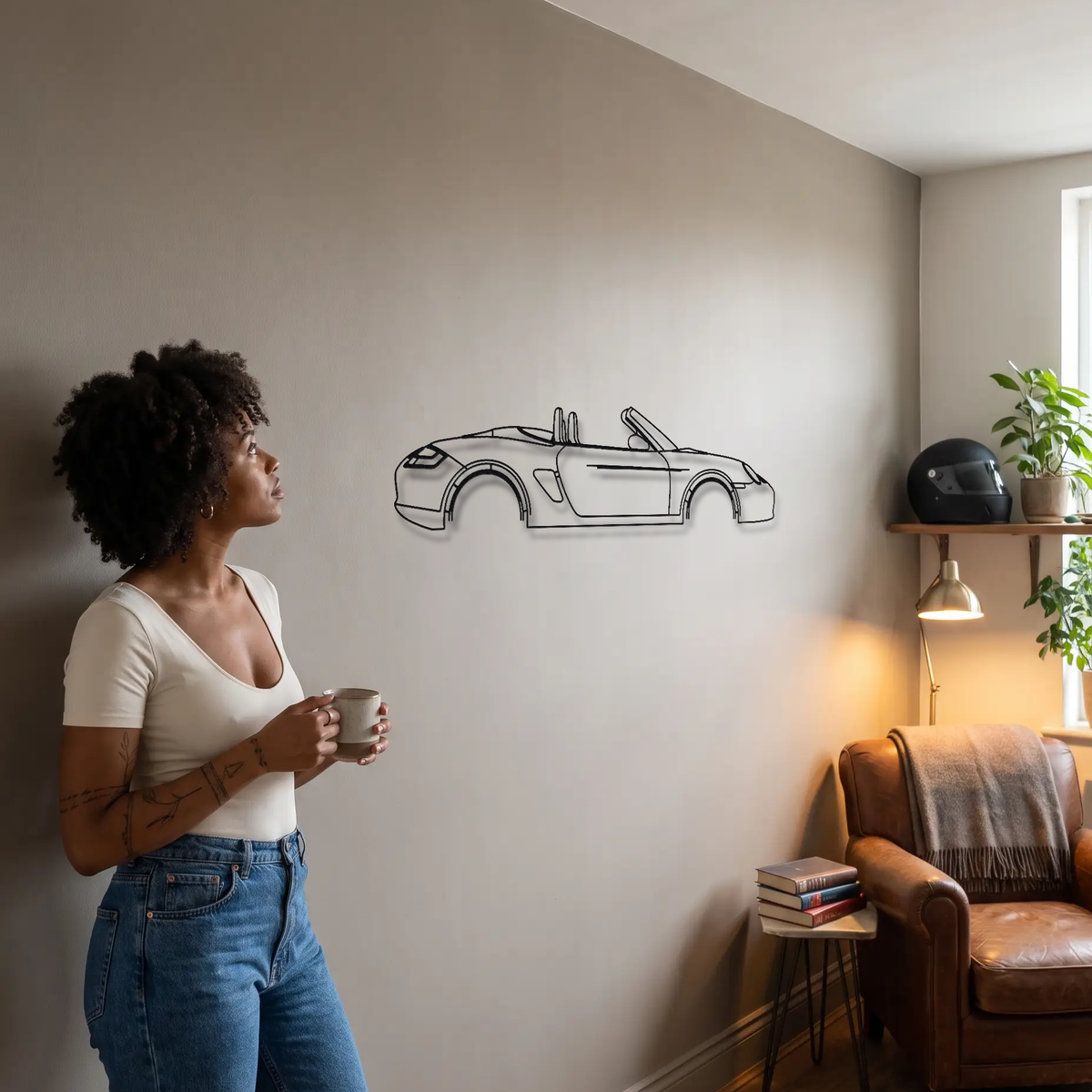 Porsche Boxster 987.1 metal wall art shown to scale beside a person
