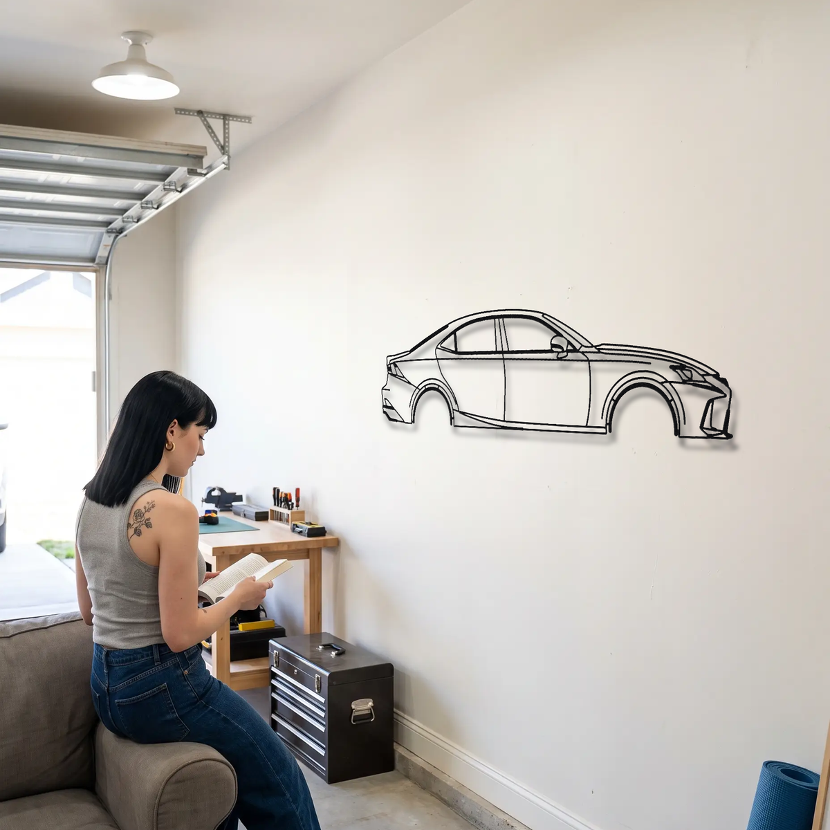 Lexus IS 300 XE30 metal wall art shown to scale beside a person