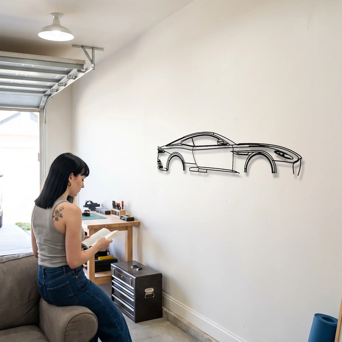 Aston Martin DBS Superleggera Coupe metal wall art shown to scale beside a person