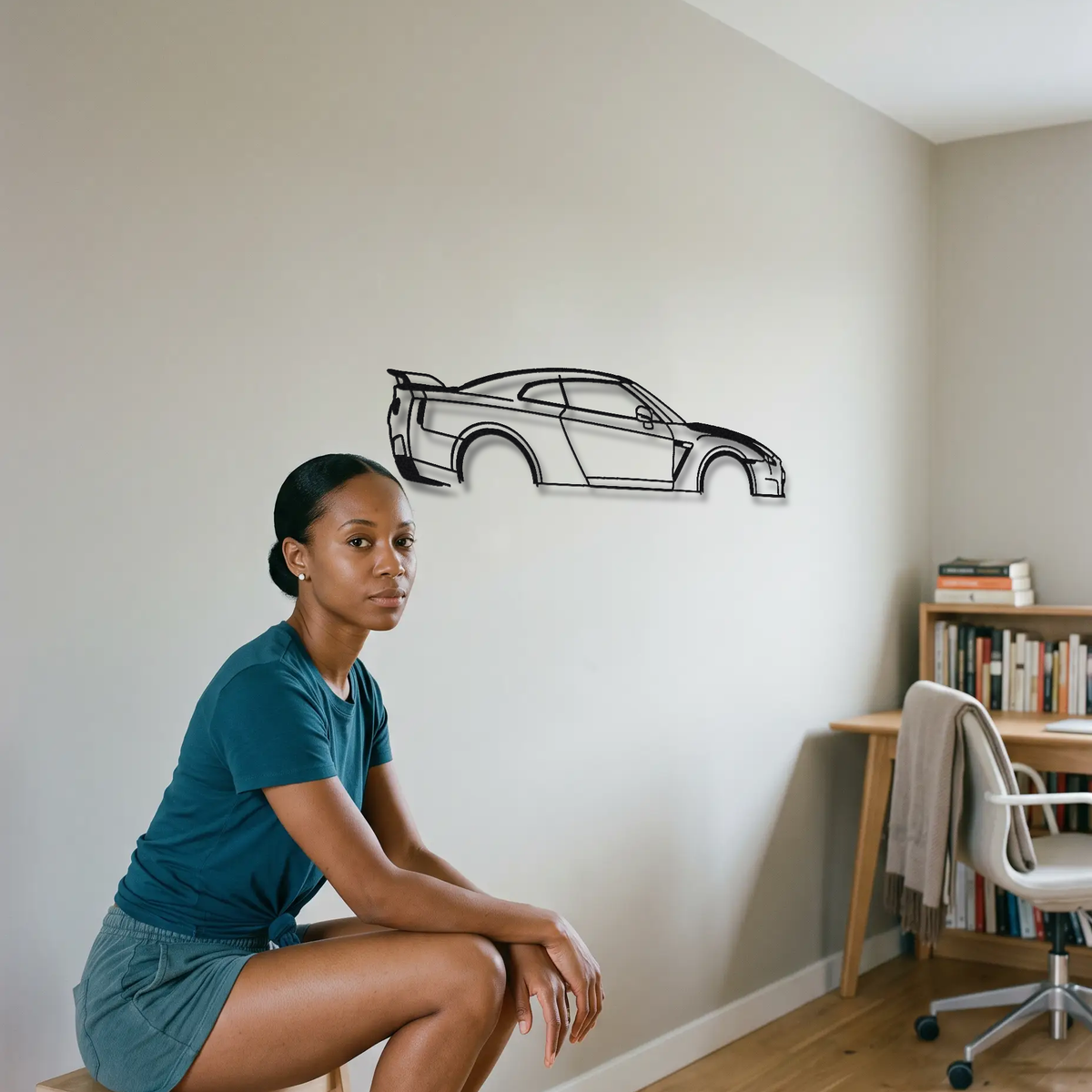 2014- Nissan GT-R Track Edition R35 metal wall art shown to scale beside a person