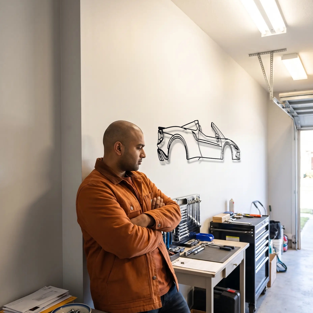 Ferrari 296 GTS metal wall art shown to scale beside a person