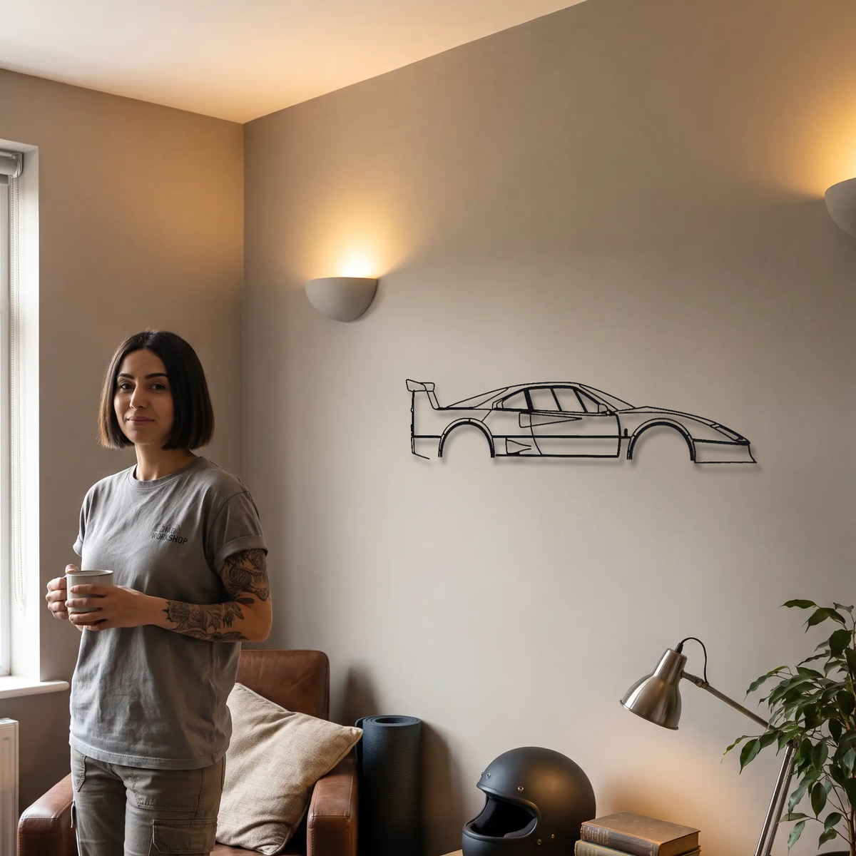Ferrari F40 LM metal wall art shown to scale beside a person