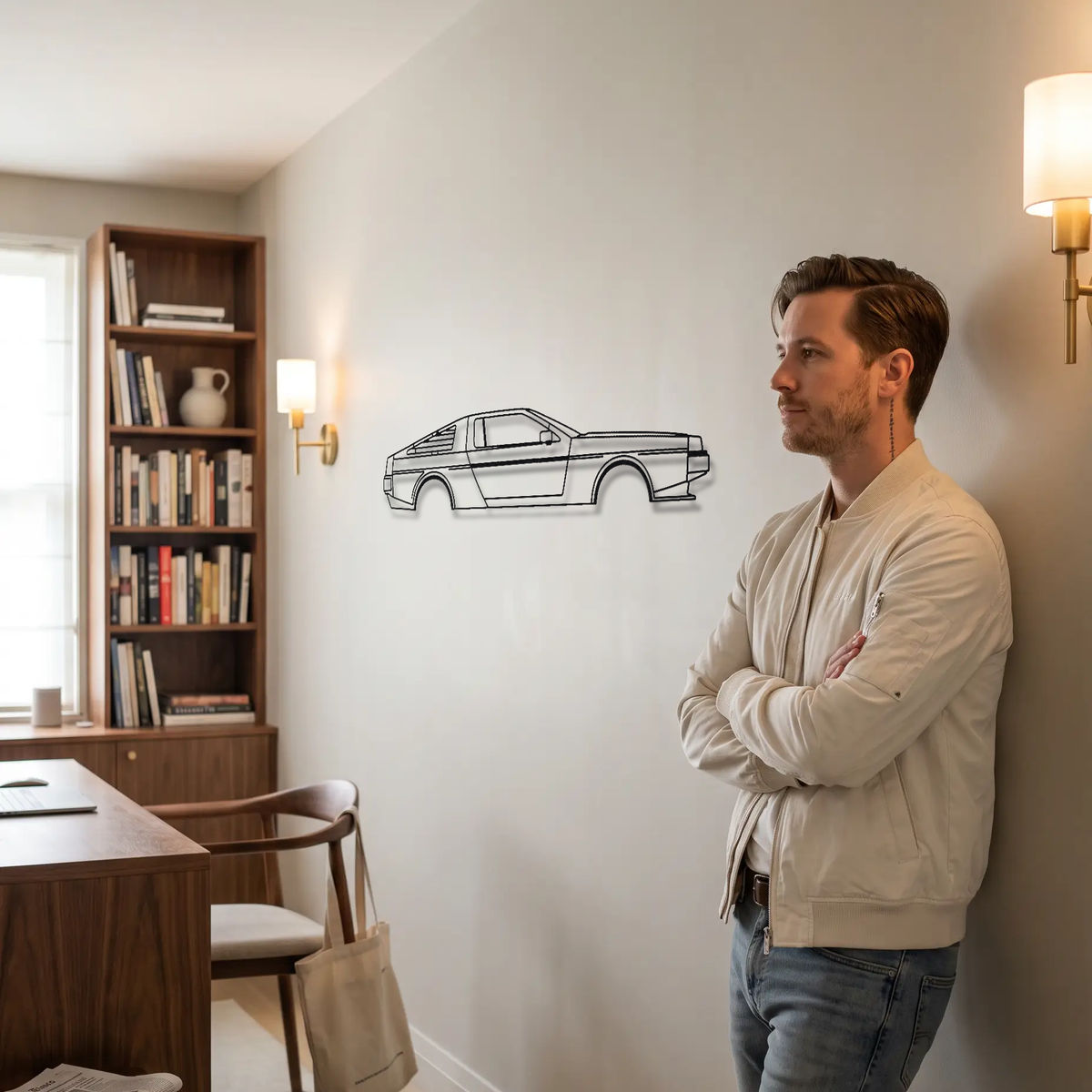 DeLorean DMC-12 metal wall art shown to scale beside a person
