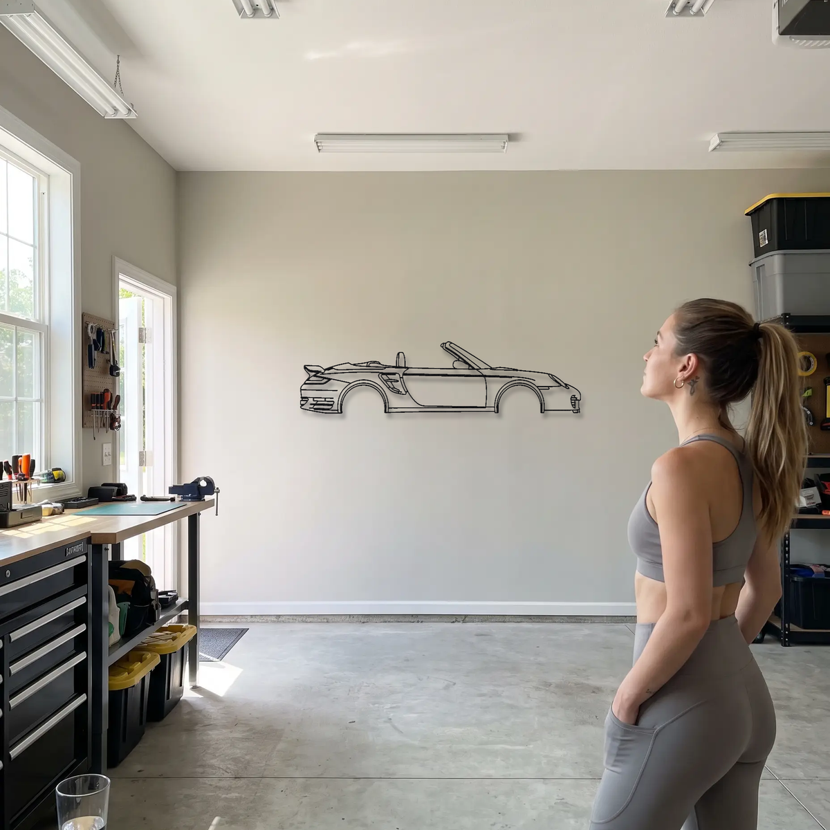 Porsche 911 Turbo Cabriolet 997.1 metal wall art shown to scale beside a person