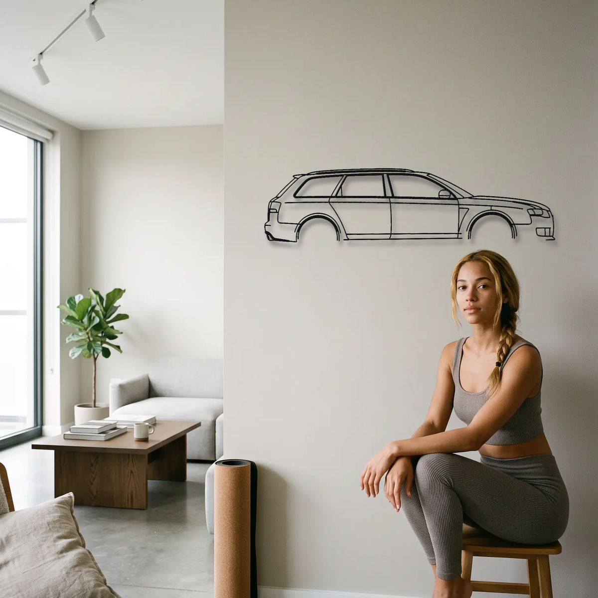 Audi RS4 Avant B7 metal wall art shown to scale beside a person