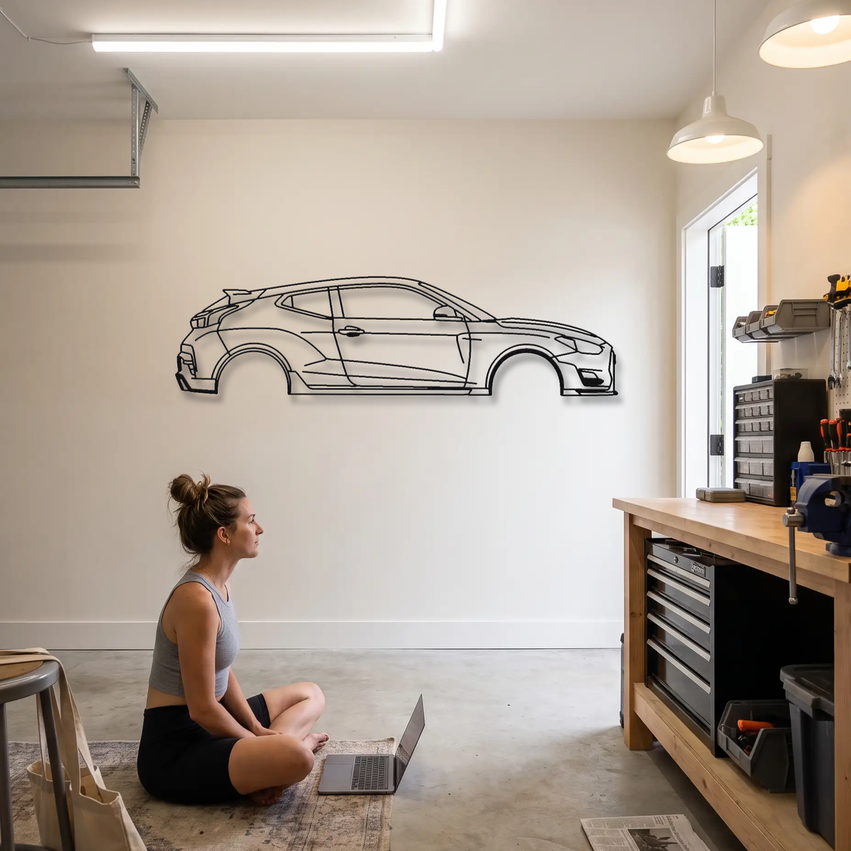 Hyundai Veloster N metal wall art shown to scale beside a person