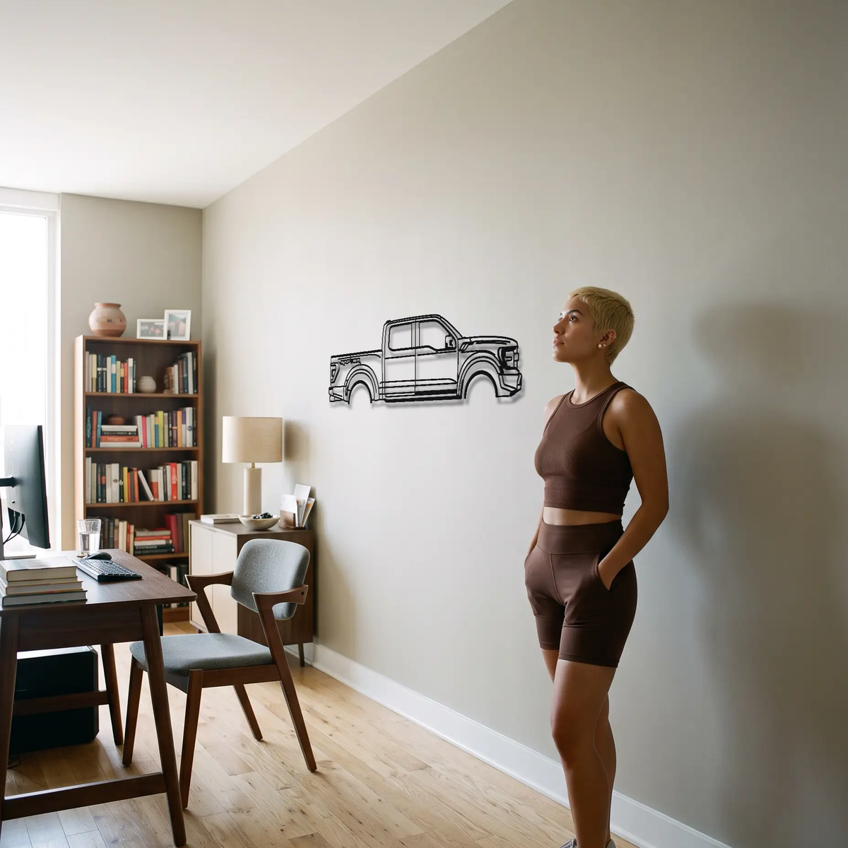 2023- Ford F-150 Raptor R P702 metal wall art shown to scale beside a person