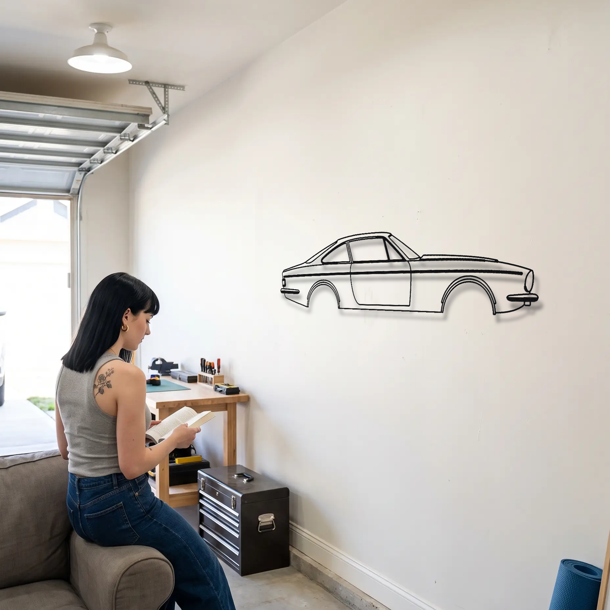 Ferrari 365 GTC/4 metal wall art shown to scale beside a person
