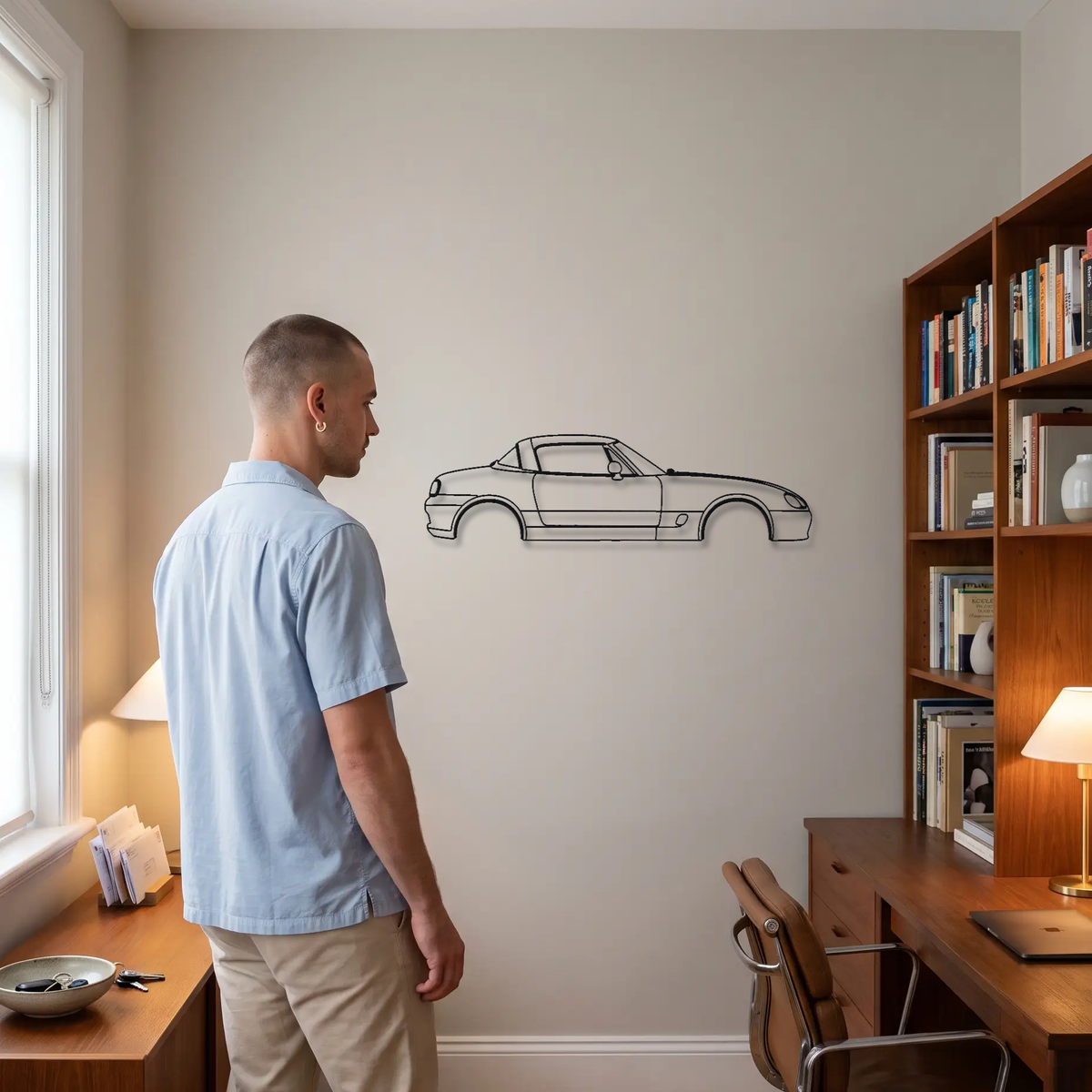 Suzuki Cappuccino EA11R/EA21R metal wall art shown to scale beside a person