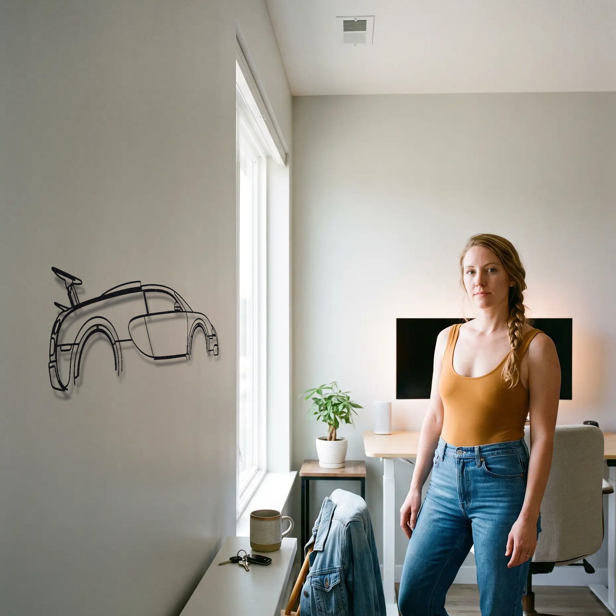 Bugatti Veyron 16.4 metal wall art shown to scale beside a person