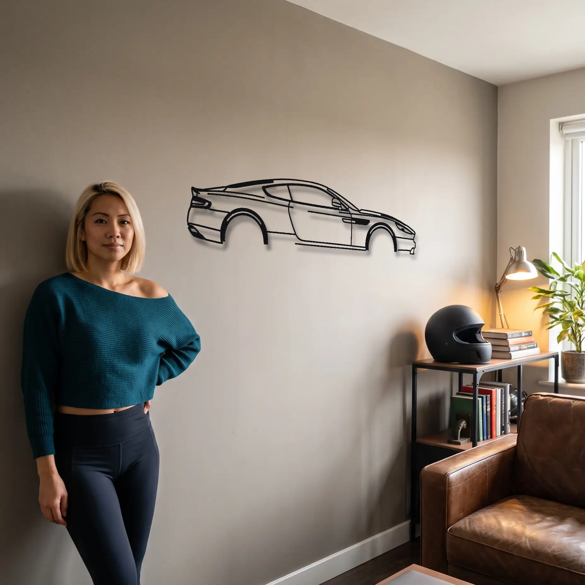 2016 Aston Martin DB9 GT metal wall art shown to scale beside a person