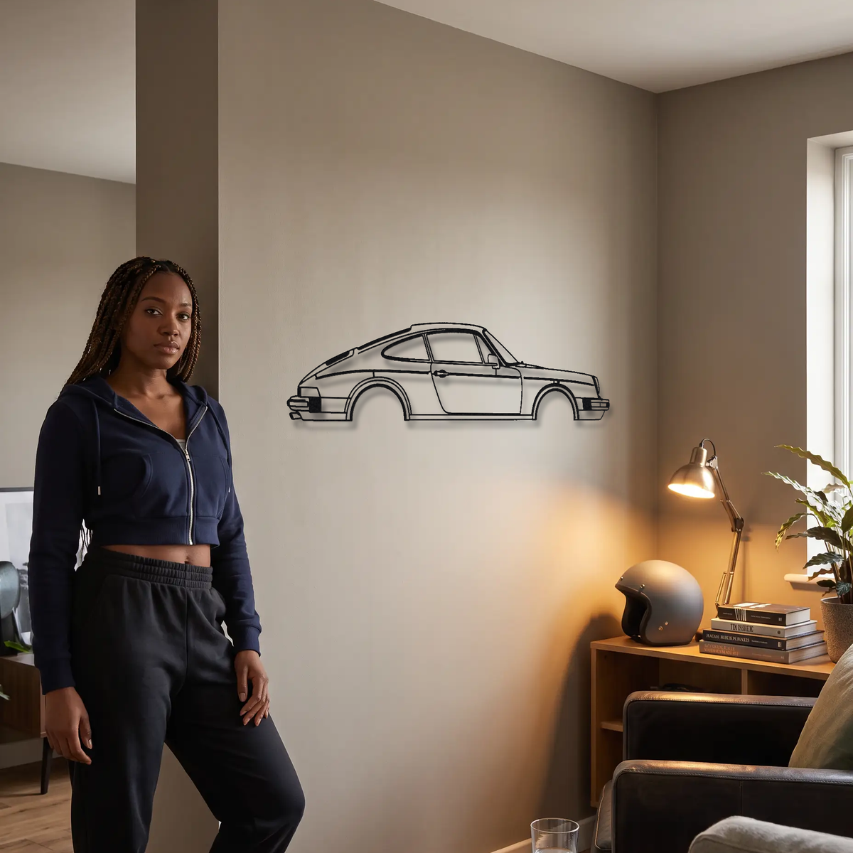 Porsche 911 SC metal wall art shown to scale beside a person