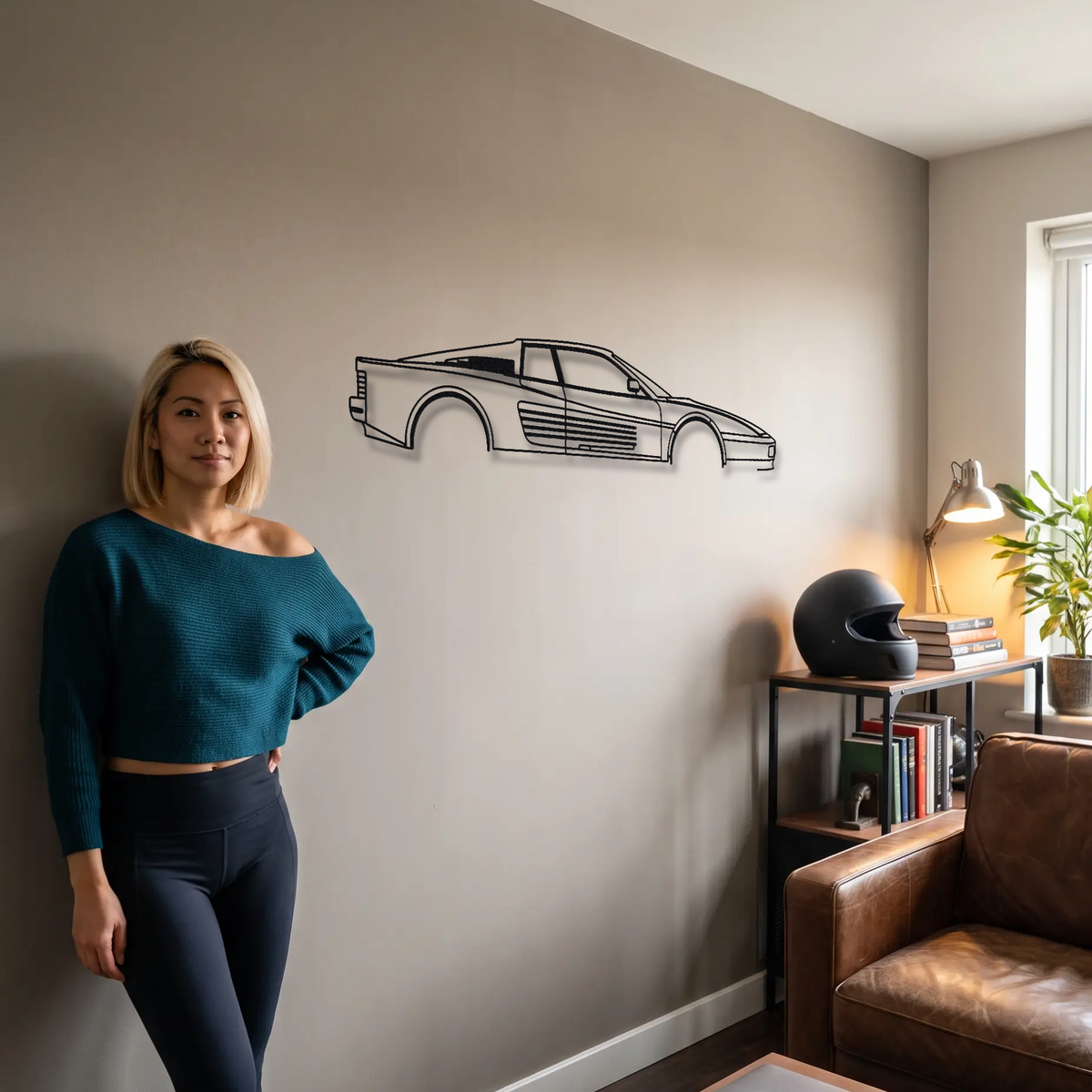 Ferrari 512 TR metal wall art shown to scale beside a person