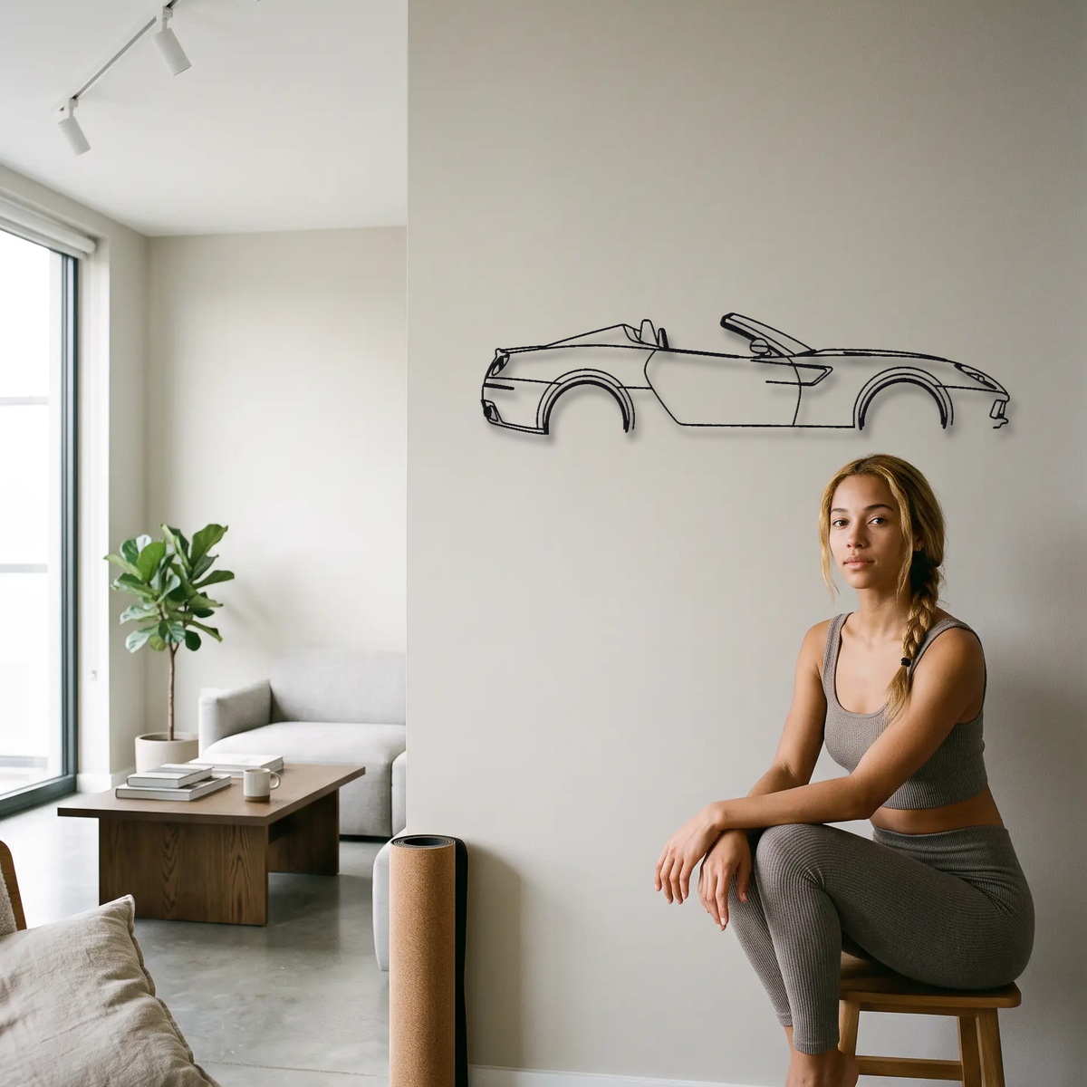 Ferrari 599 SA Aperta metal wall art shown to scale beside a person