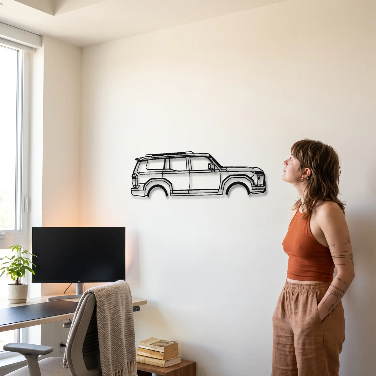 2024- Lexus GX 550 Overtrail J250 metal wall art shown to scale beside a person