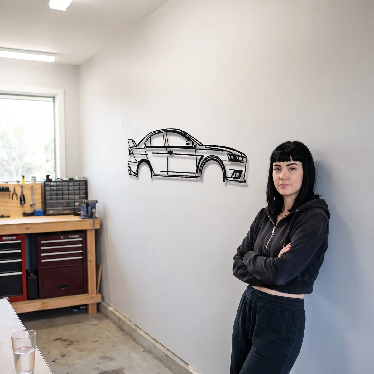 2015 Mitsubishi Lancer Evolution X Final Edition CZ4A metal wall art shown to scale beside a person