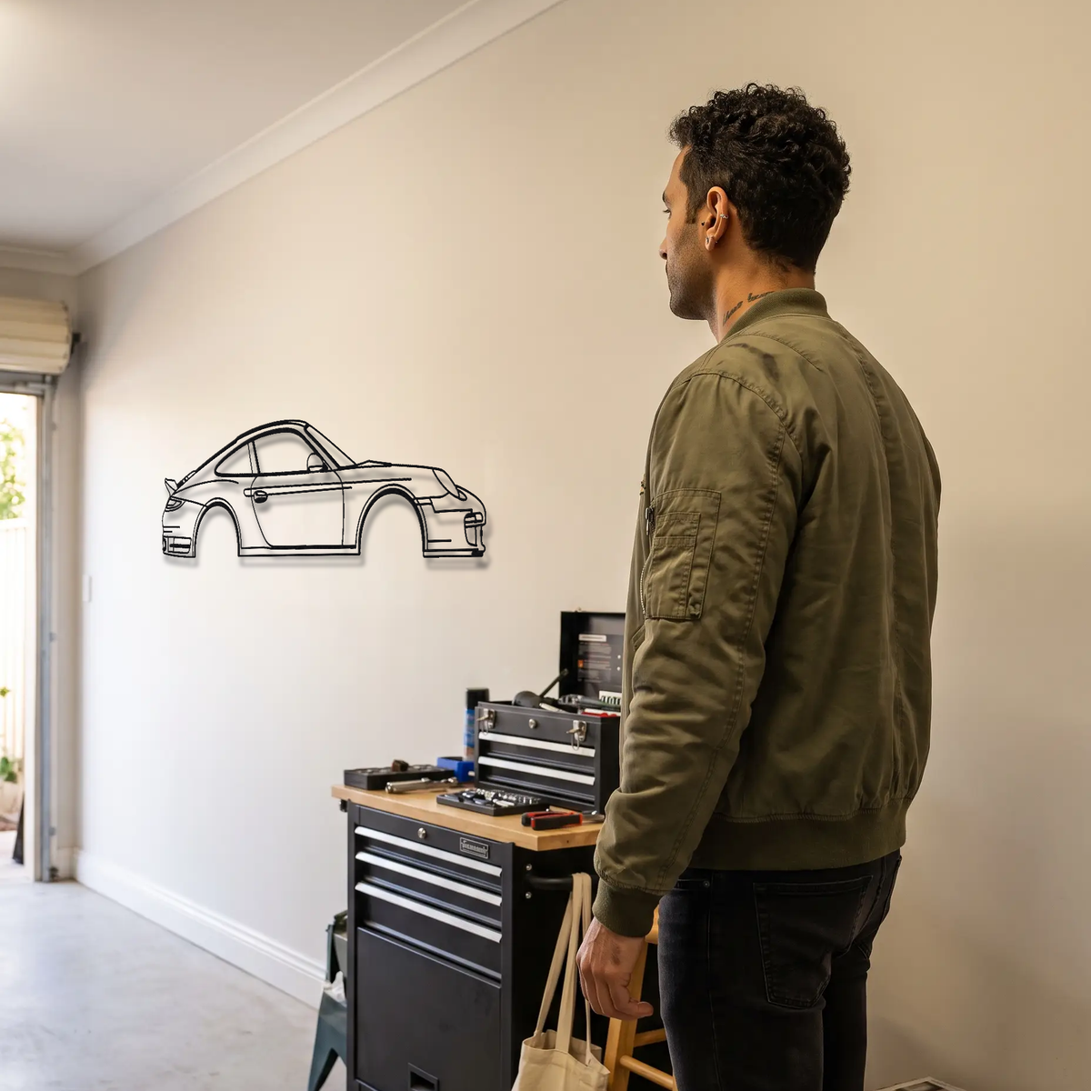 Porsche 911 Sport Classic 997.2 metal wall art shown to scale beside a person