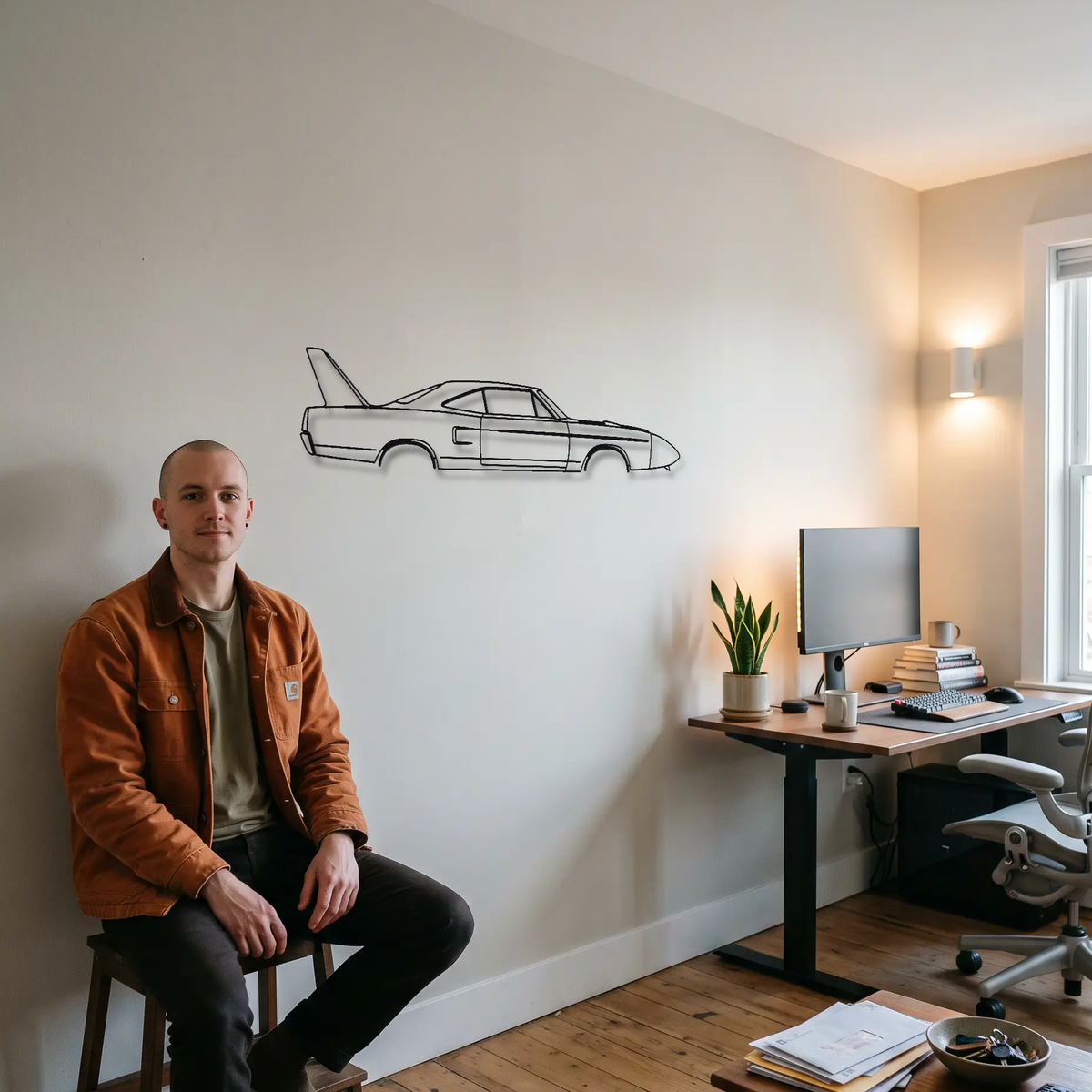 Plymouth Superbird metal wall art shown to scale beside a person