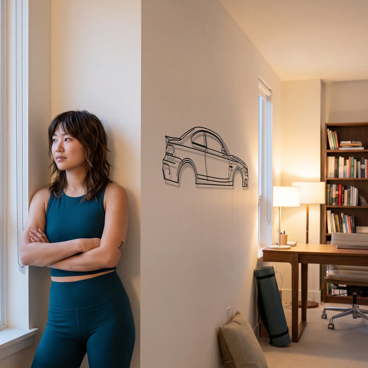 BMW 1 Series M Coupe E82 metal wall art shown to scale beside a person