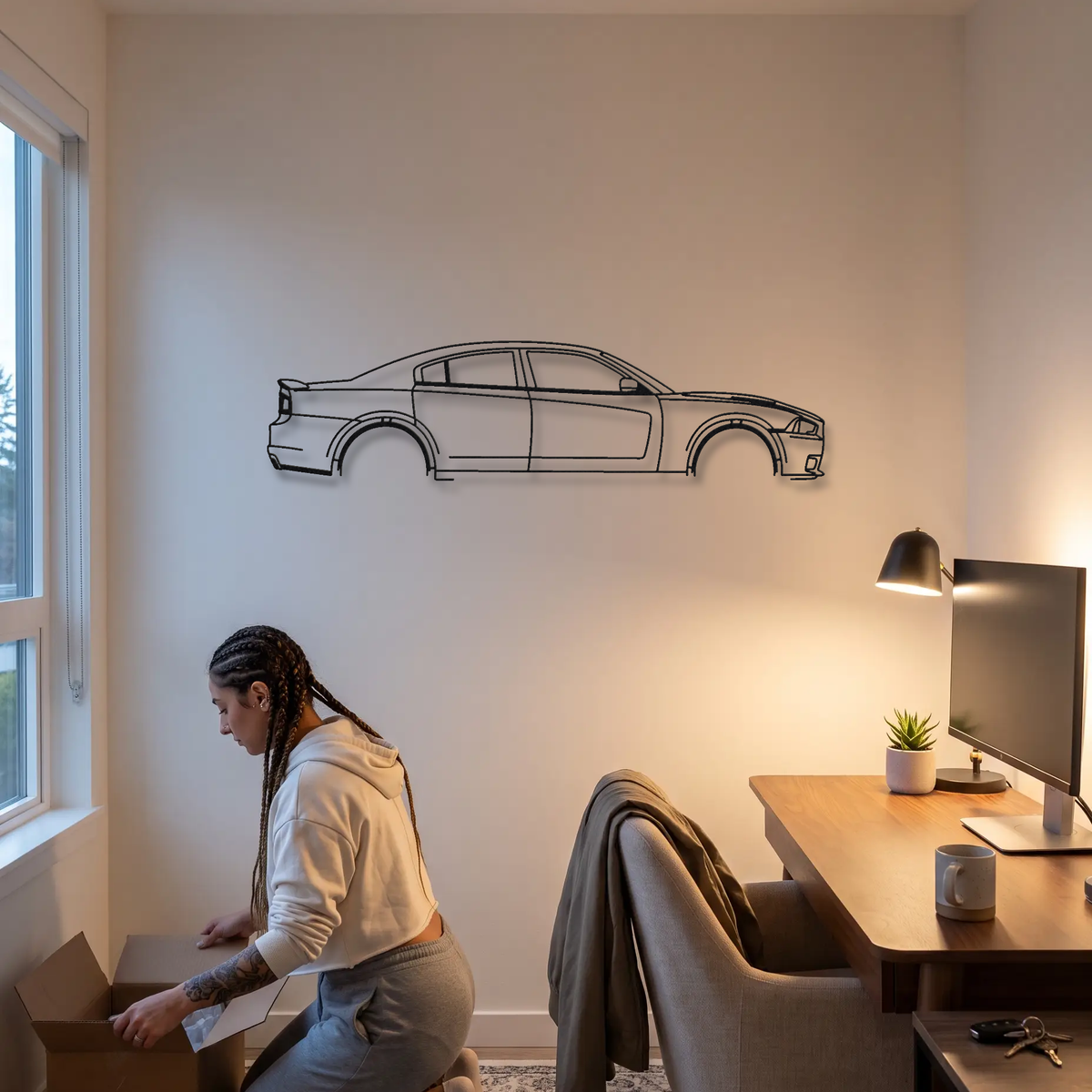 Dodge Charger SRT8 LD metal wall art shown to scale beside a person