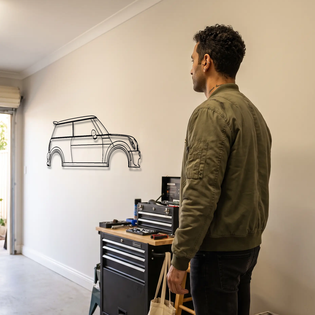 Mini Cooper S John Cooper Works GP R53 metal wall art shown to scale beside a person