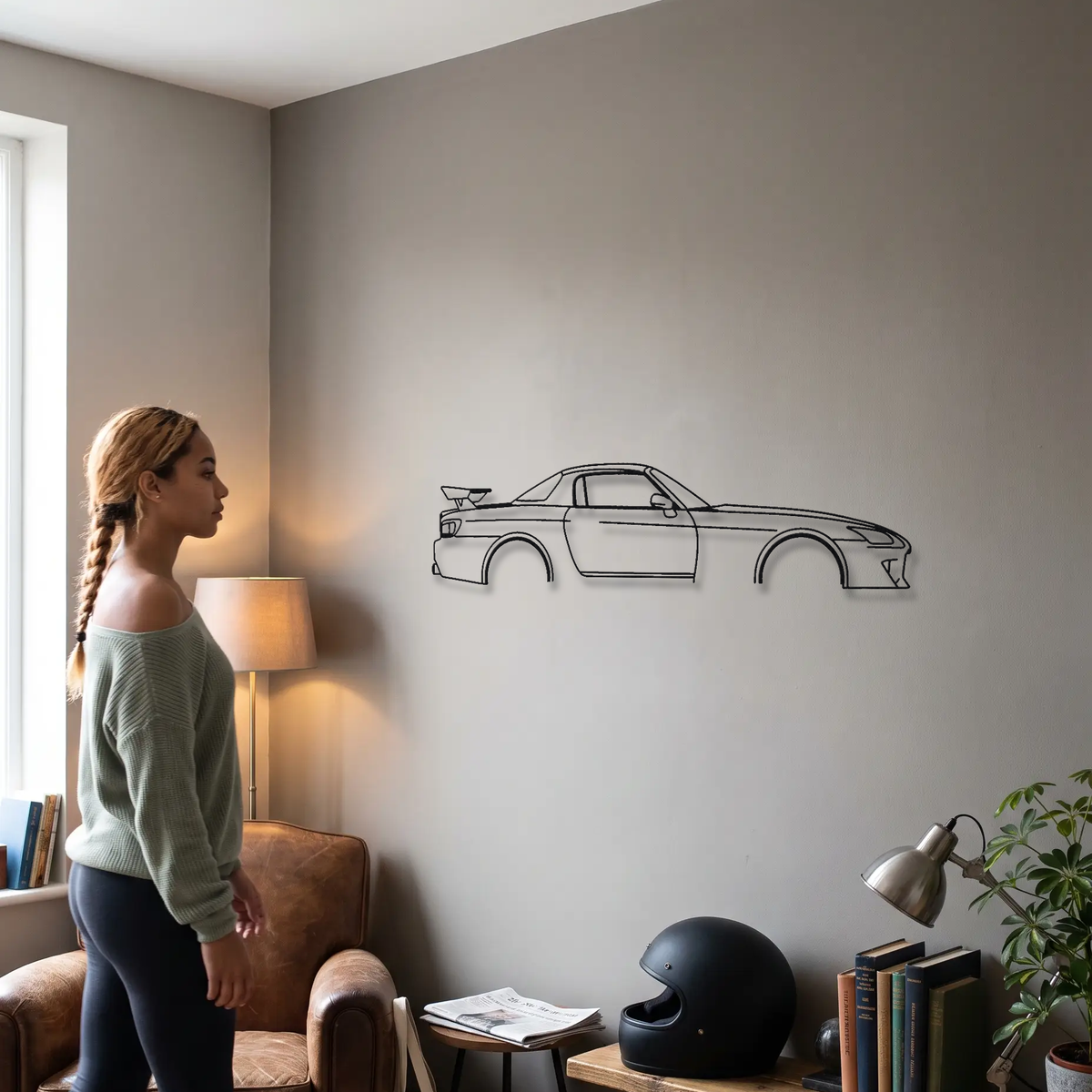 Honda S2000 CR metal wall art shown to scale beside a person
