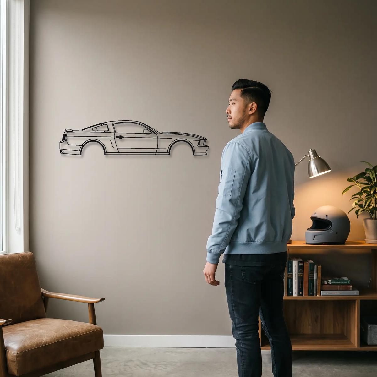 Ford Mustang GT S197 metal wall art shown to scale beside a person