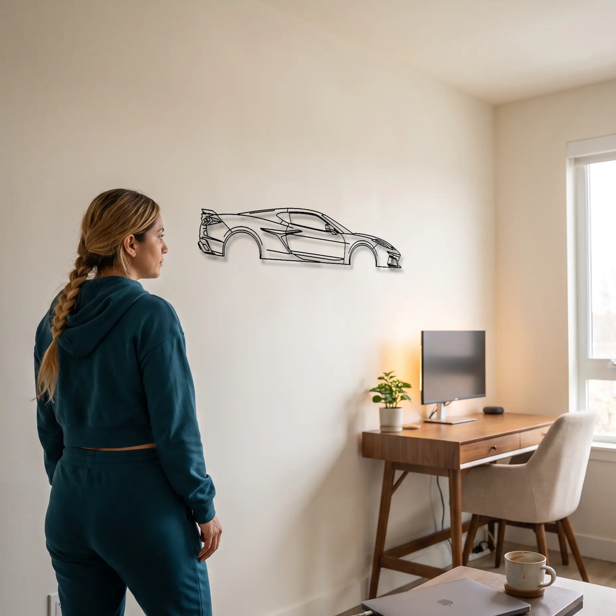 Chevrolet Corvette Z06 C8 metal wall art shown to scale beside a person